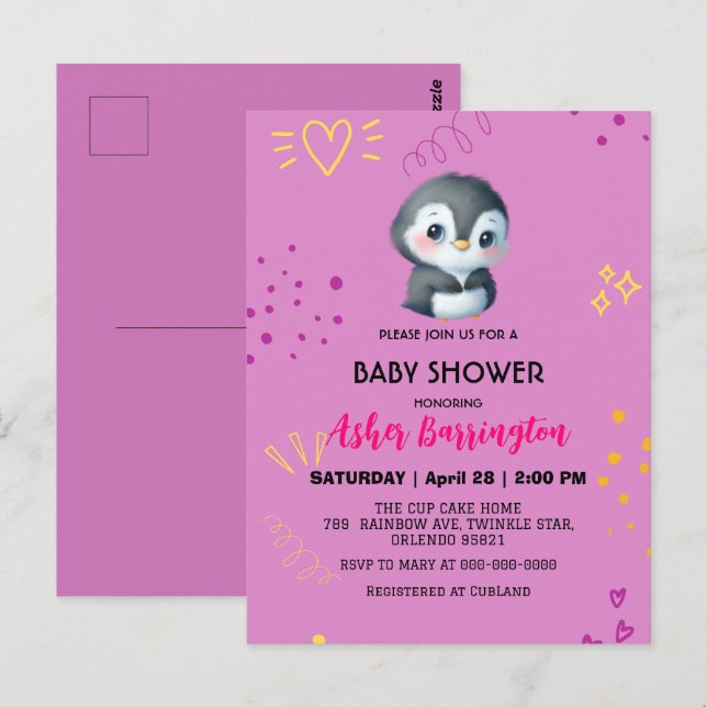 Lila Cute söt penguin Loely babyduschbarn Vykort (Fram/baksida)