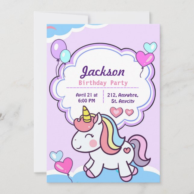 Lila Cute Unicorn Birthday-inbjudan Inbjudningar (Framsida)