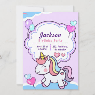 Lila Cute Unicorn Birthday-inbjudan Inbjudningar