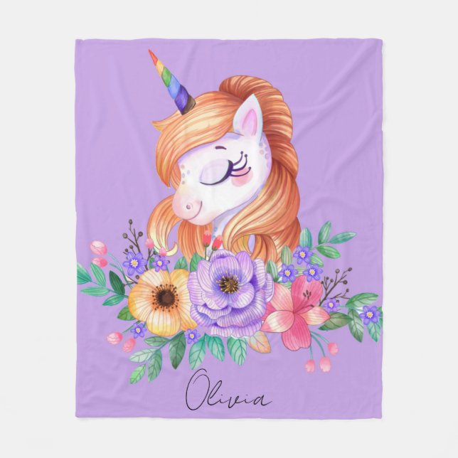 Lila Cute Unicorn med Blommigt Monogram Fleecefilt (Framsidan)