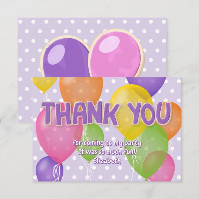 lila cutout cookies ballonger födelsedagstack tack kort (Fram/baksida)