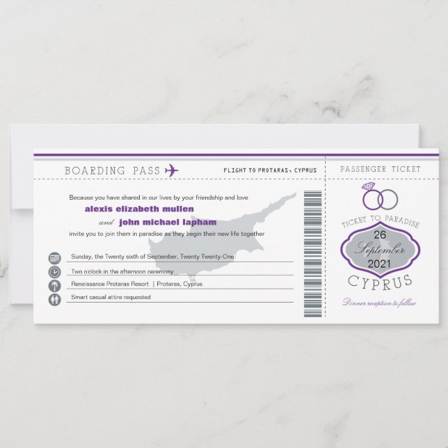 Lila Cyprus Boarding Pass Wedding bjudande Inbjudningar (Framsida)