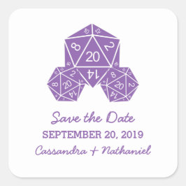 Lila D20 Dice Save the Date Stickers Fyrkantigt Klistermärke