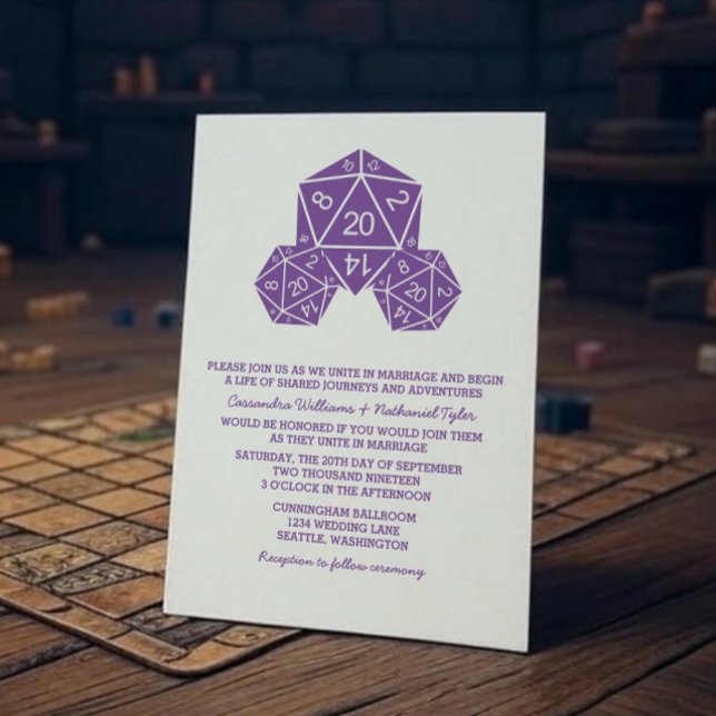 Lila D20 Tärningar Bröllopsinbjudan Inbjudningar (Purple D20 Dice Wedding Invite)