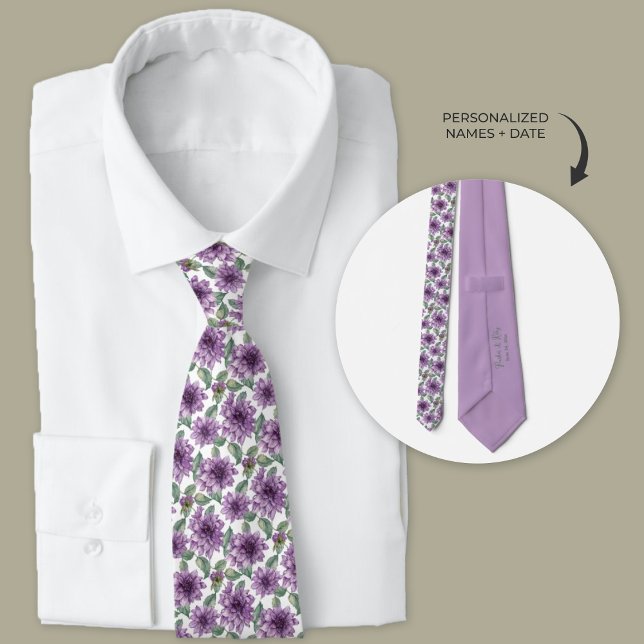 Lila Dahlia Blommigt Personlig Marskalkar Slips (Purple dahlia floral personalized wedding tie for groomsmen)