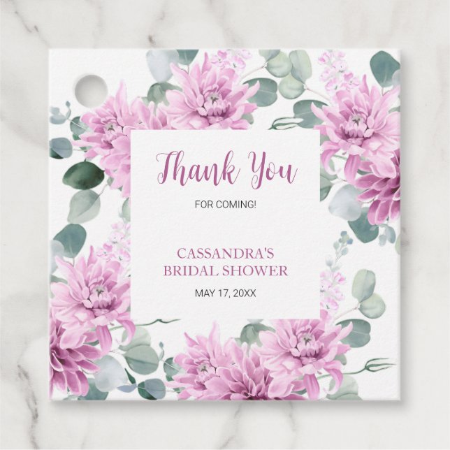 Lila Dahlia Eucalyptus Botanisk Bröllopsfest  Gåvor Etiketter (Framsida)