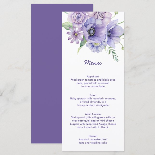 Lila Daisy, Anemones, Ro Blommigt Menu Meny (Fram/baksida)