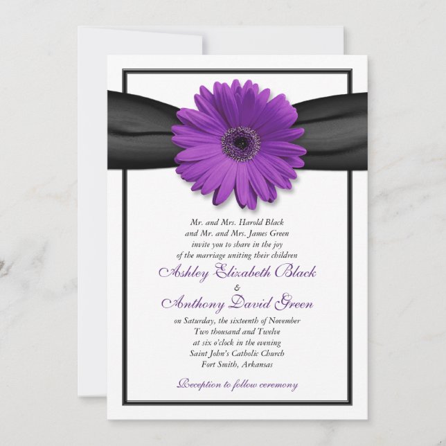 Lila Daisy Black Ribbon Wedding bjudande Inbjudningar (Framsida)