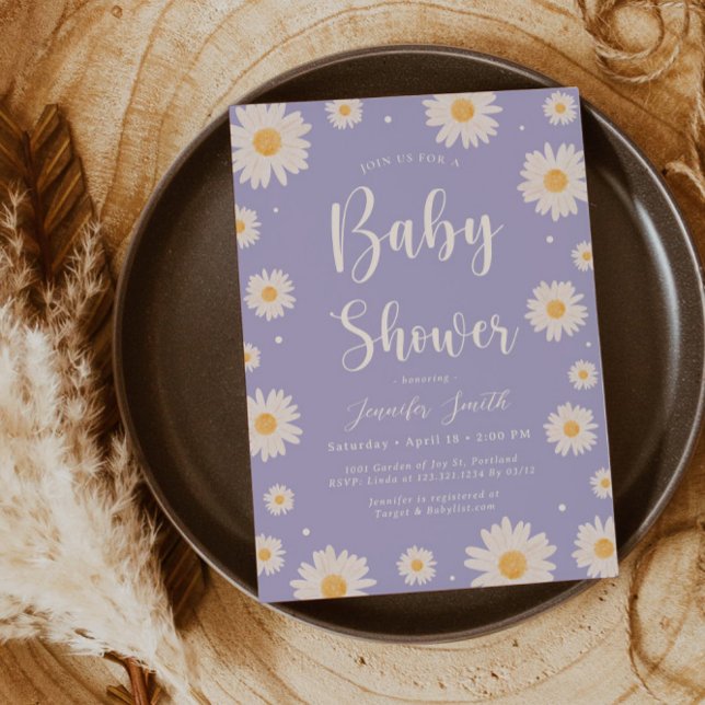 Lila Daisy Blommigt  Baby Shower-inbjudan Inbjudningar (Skapare uppladdad)