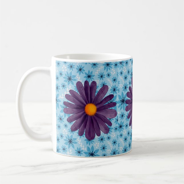 Lila Daisy Blommönster Vit Klassisk Mugg (Vänster)