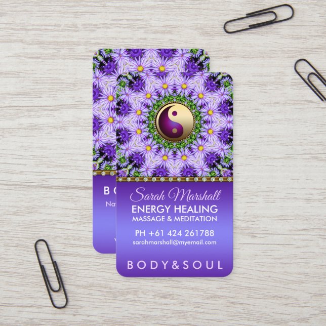 Lila Daisy Flowers Mandala Holistic Healing Visitkort (Fram/Back In Situ)