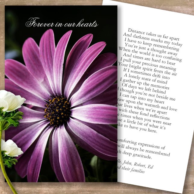 Lila- Daisy- Prayer Sympathy Cards Visitkort (Forever in our hearts, celebration of life, in loving memory of, prayer cards for bereavement)