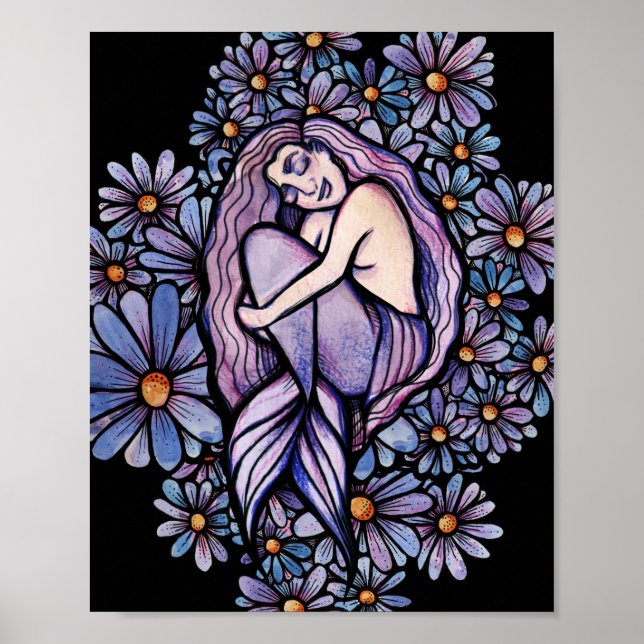 Lila Daisy Sömmande Sjöjungfru Poster (Framsidan)