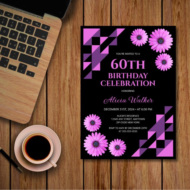 Lila Daisy Trimning Geometric Black Birthday Inbjudningar (Skapare uppladdad)