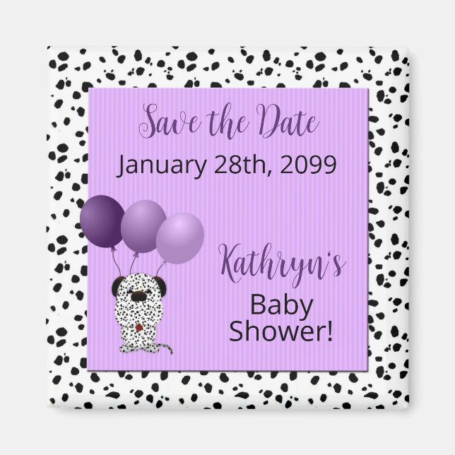 Lila Dalmatian Baby Shower Spara datum Magnet (Framsidan)