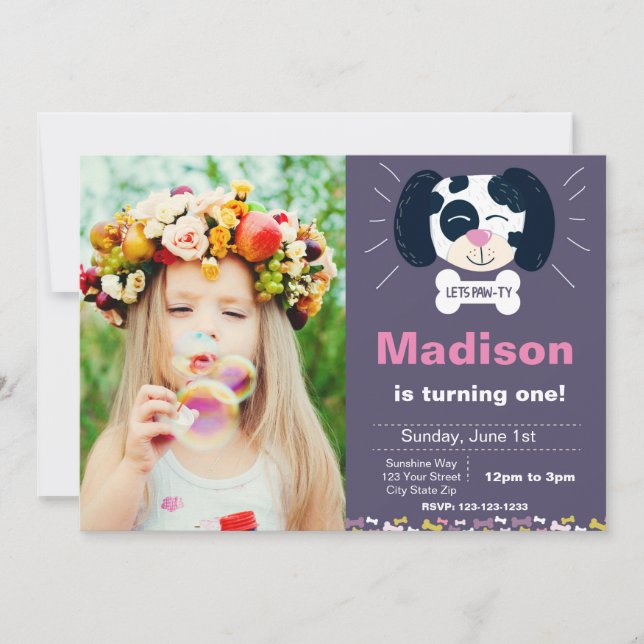 Lila Dalmatien Birthday Inbjudan med foto (Framsida)