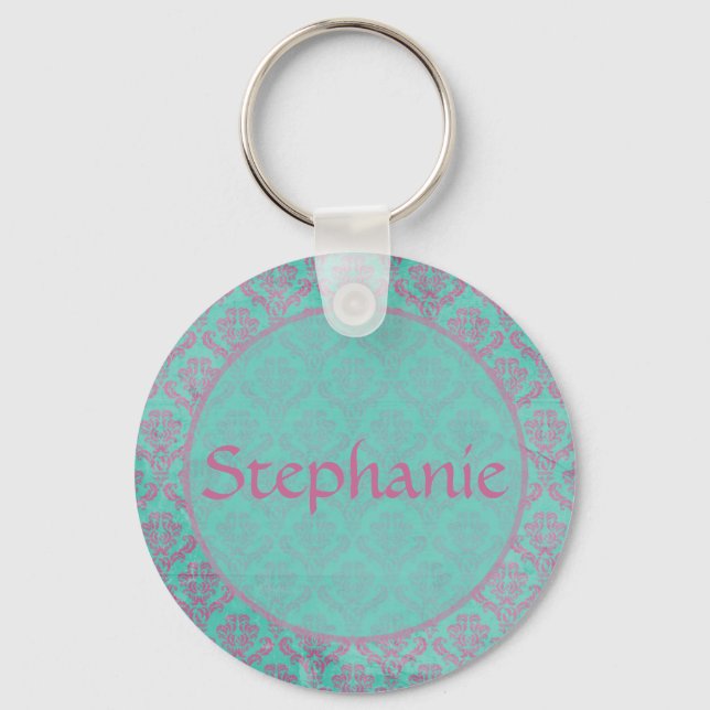Lila Damask Anpassade Namn-knapp-nyckelkedja Nyckelring (Framsida)