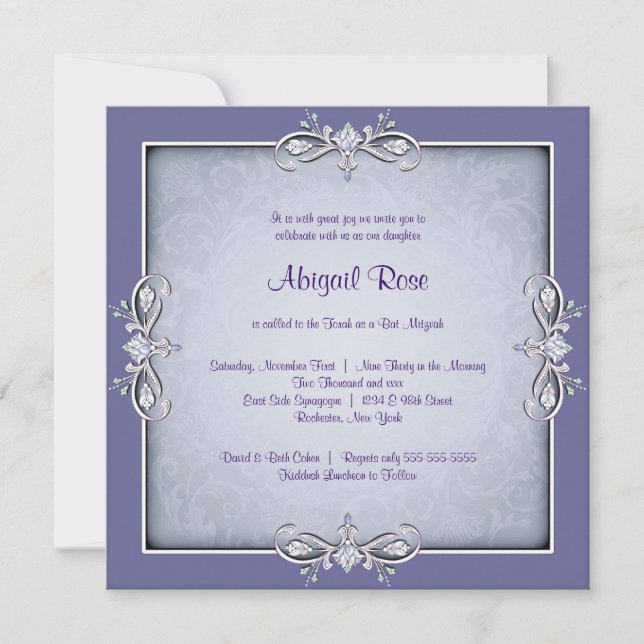 Lila Damask Bat mitzvah Inbjudningar (Framsida)