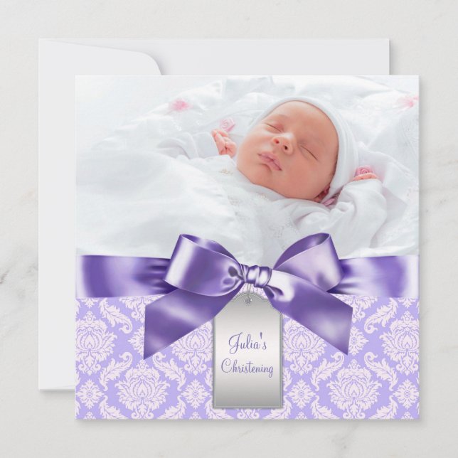 Lila Damask Bebis Flickas Foto Dop Dopfest Inbjudningar (Framsida)