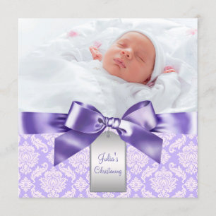 Lila Damask Bebis Flickas Foto Dop Dopfest Inbjudningar