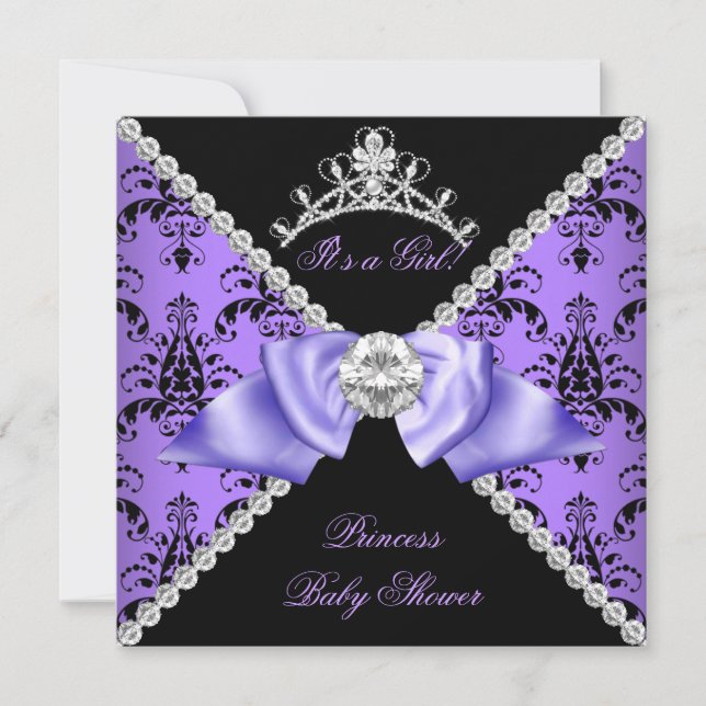 Lila Damask Bebis Shower Flickprinsessa Diamant Inbjudningar (Framsida)