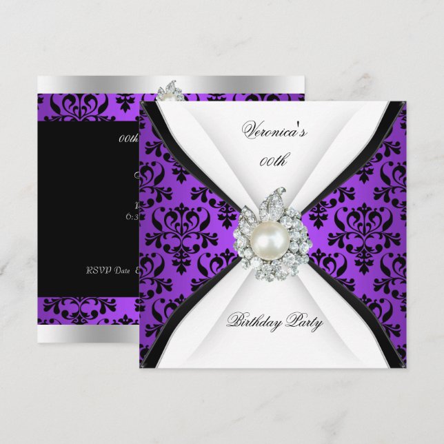 Lila Damask Black White Pearl Diamond Birthday Inbjudningar (Fram/baksida)