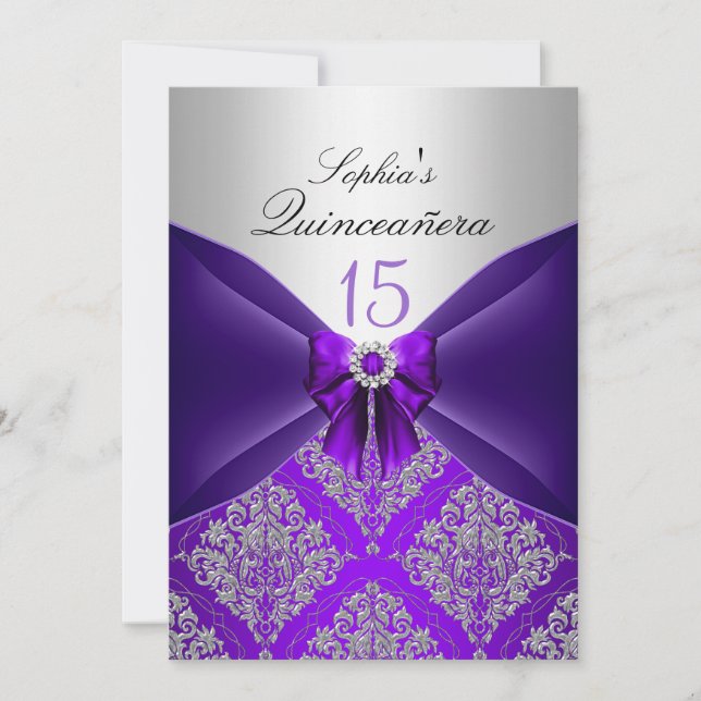 Lila Damask & Bow Quinceanera-meddelanden Inbjudningar (Framsida)