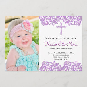 Lila Damask Christening Baptism-inbjudan Inbjudningar