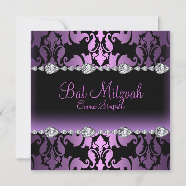 Lila Damask & Diamant Bat Mitzvah-inbjudan Inbjudningar (Framsida)