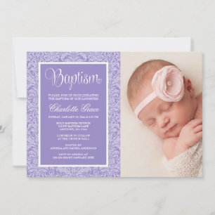 Lila Damask Girl Photo Baptism Christing Inbjudningar