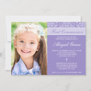 Lila Damask Girl Photo First Communion Inbjudningar