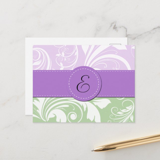 Lila Damask, Grönt Damask, Monogram Vykort (Fram/Back In Situ)