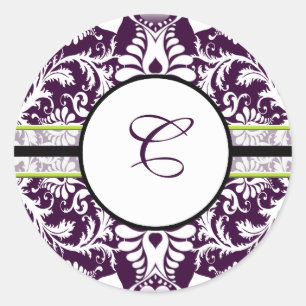 Lila Damask Initial Sticker Brev C Bröllop Runt Klistermärke