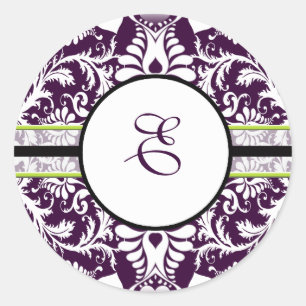 Lila Damask Initial Sticker Brev E Bröllop Runt Klistermärke