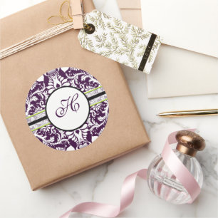 Lila Damask Initial Sticker Brev H Bröllop Runt Klistermärke