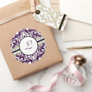 Lila Damask Initial Sticker Brev K Bröllop Runt Klistermärke