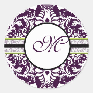 Lila Damask Initial Sticker Brev M Bröllop Runt Klistermärke