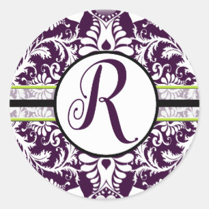 Lila Damask Initial Sticker Brev Q Bröllop Runt Klistermärke