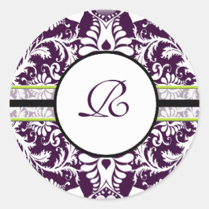 Lila Damask Initial Sticker Brev R Bröllop Runt Klistermärke
