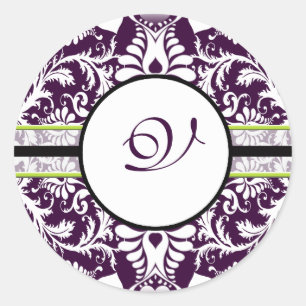 Lila Damask Initial Sticker Brev V Bröllop Runt Klistermärke