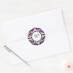 Lila Damask Initial Sticker Brev W Bröllop Runt Klistermärke