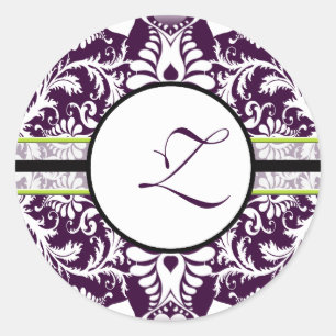 Lila Damask Initial Sticker Brev Z Bröllop Runt Klistermärke