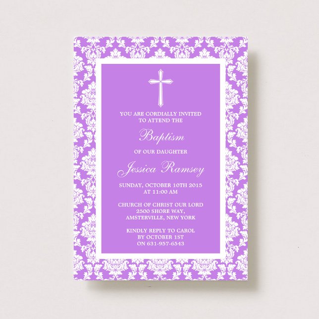 Lila Damask Kor baptism eller julning Inbjudningar (Skapare uppladdad)