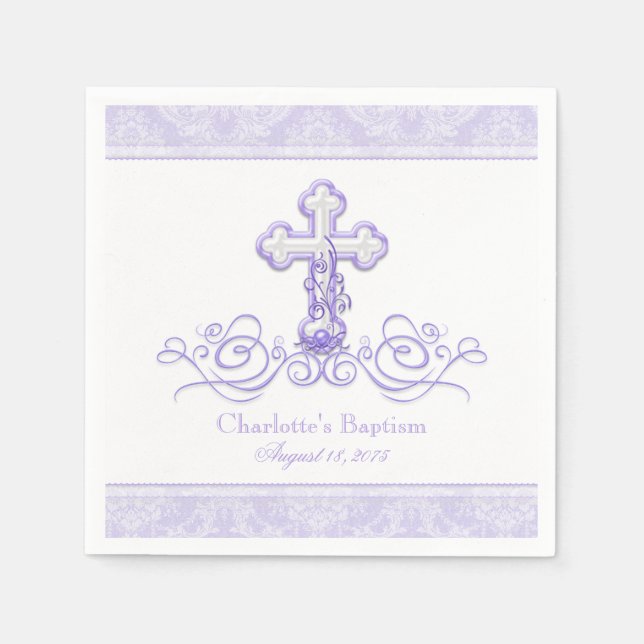 Lila Damask Kor Girls Baptism Communion Napkin Pappersservett (Framsidan)