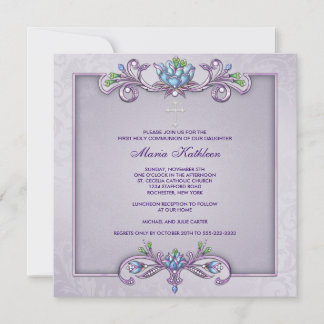 Lila Damask Kor Girls First Communion Inbjudningar