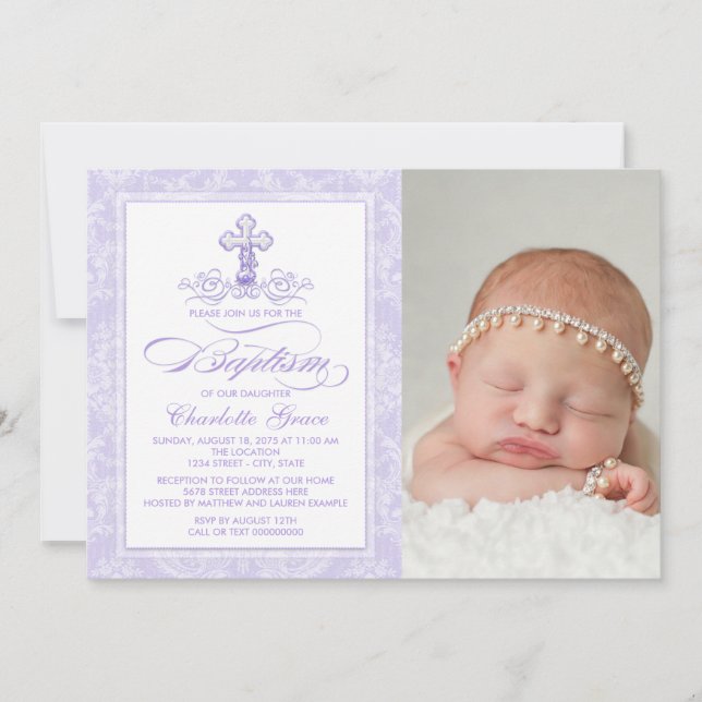 Lila Damask Kors Flickor Foto Dop Inbjudan (Framsida)
