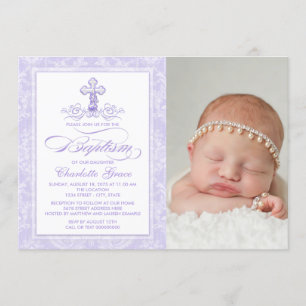 Lila Damask Kors Flickor Foto Dop Inbjudan