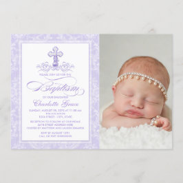 Lila Damask Kors Flickor Foto Dop Invitation Inbjudningar