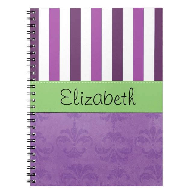 Lila Damask, Lila Rand, Stripe, ditt namn Anteckningsbok Med Spiral (Framsidan)