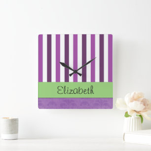 Lila Damask, Lila Rand, Stripe, ditt namn Fyrkantig Klocka